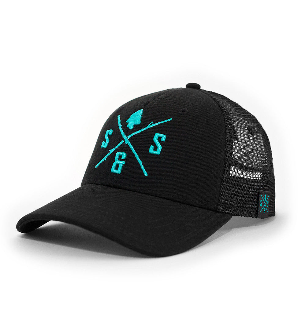 Outdoor Hats, Black mesh back hat, Aqua logo